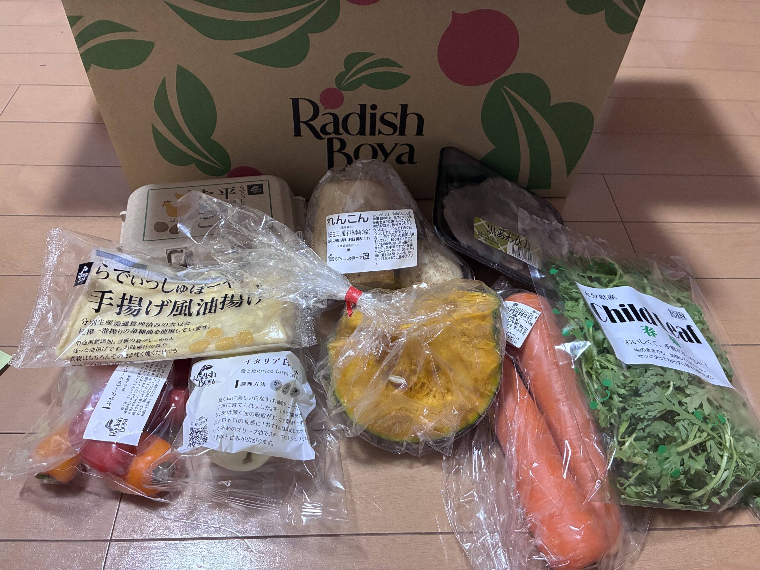 らでぃっしゅぼーやのおためしセット、届いた食材全体