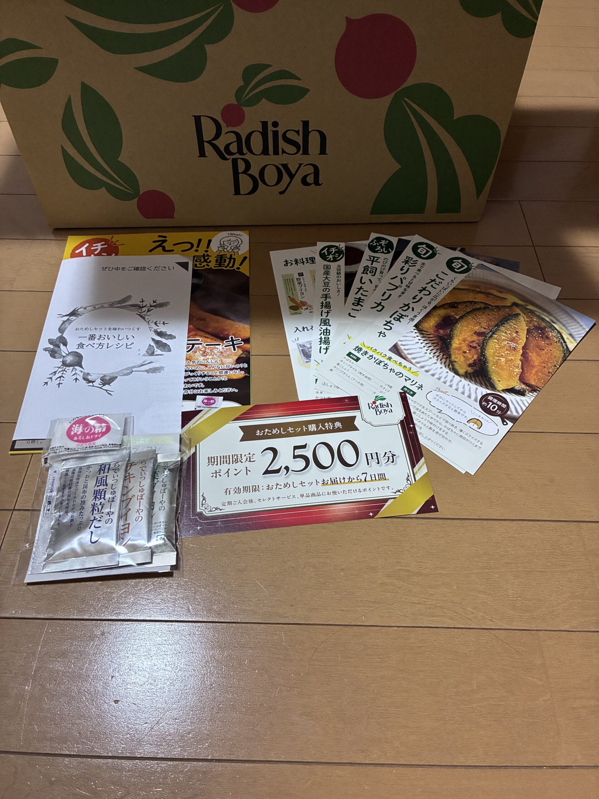 らでぃっしゅぼーやのおためしセット、レシピカードと調味料サンプル