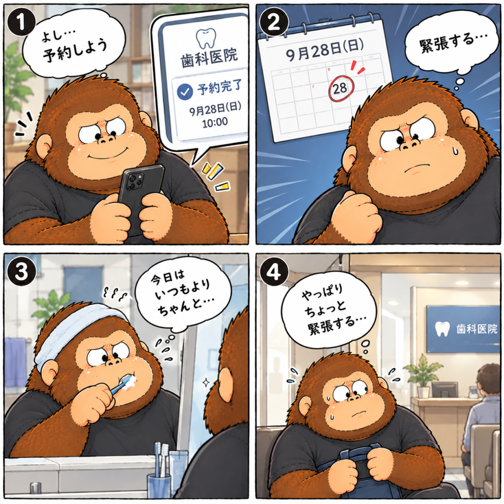 歯医者の予約日に緊張していつもより念入りに歯磨きするゴリダンを描いた4コマ漫画