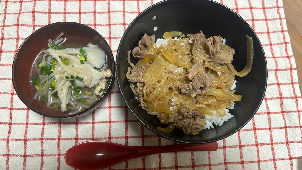 ヨシケイ カットミール、4日目に完成したラクラク牛丼と鶏肉と野菜のスープを撮影した写真