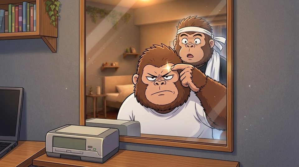ショート動画「夜のテカリ」の一枚絵。洗面所の鏡でおでこのテカリを確かめる現実ゴリダン