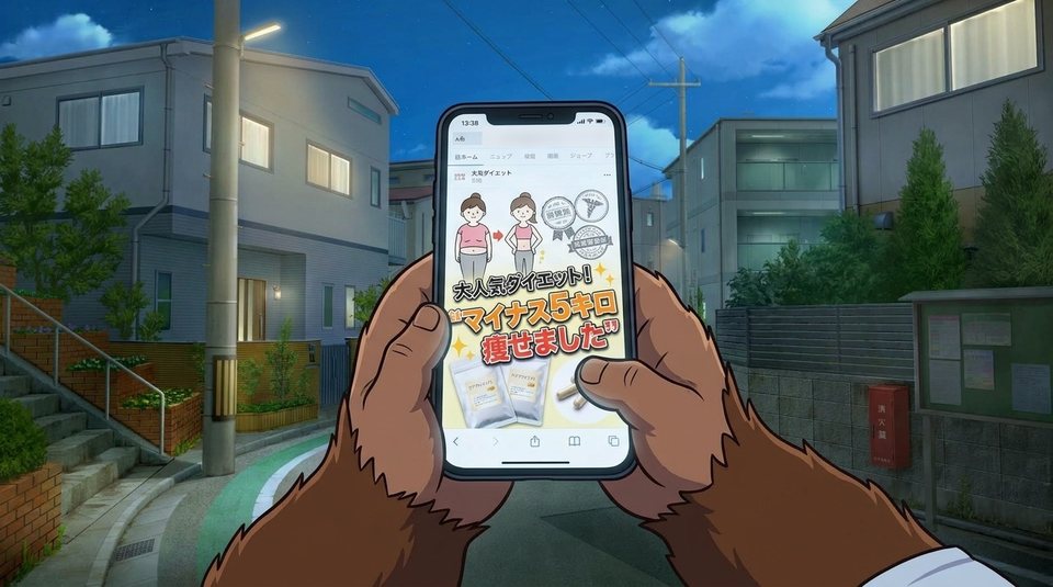 ショート動画「飲むだけで痩せる」の一枚絵。スマホの画面に映る「飲むだけで痩せた」というSNSの投稿を見ている手元