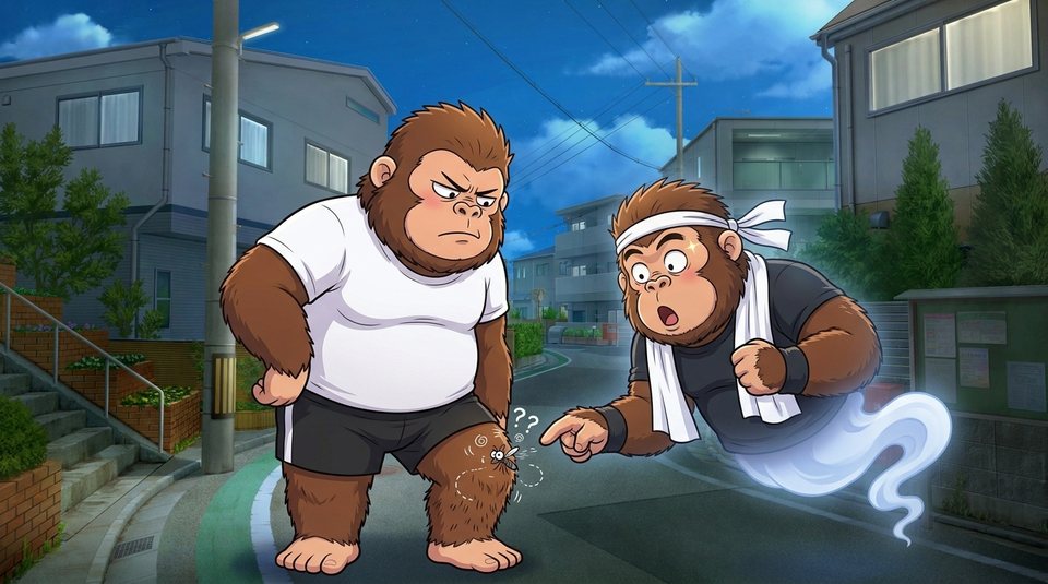 ショート動画「蚊が迷子になる」の一枚絵。夜の住宅街で、蚊に刺されたすねを見せる現実ゴリダンと、横でのぞき込む理想ゴリダン