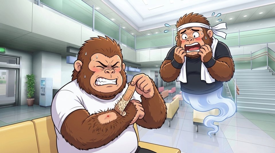 ショート動画「絆創膏3秒」の一枚絵。病院のロビーで絆創膏をはがそうとして顔をしかめる現実ゴリダン