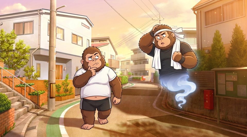 ショート動画「ひげ時計」の一枚絵。夕方の住宅街を、ひげを触りながら歩く現実ゴリダンと理想ゴリダン