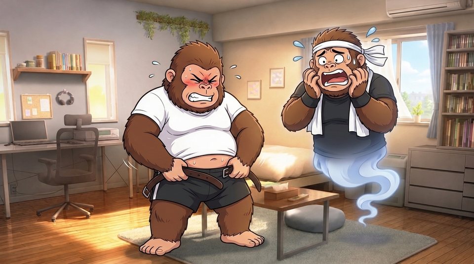 ショート動画「ベルトの穴」の一枚絵。部屋でベルトを思いきり締める現実ゴリダンと、驚く理想ゴリダン