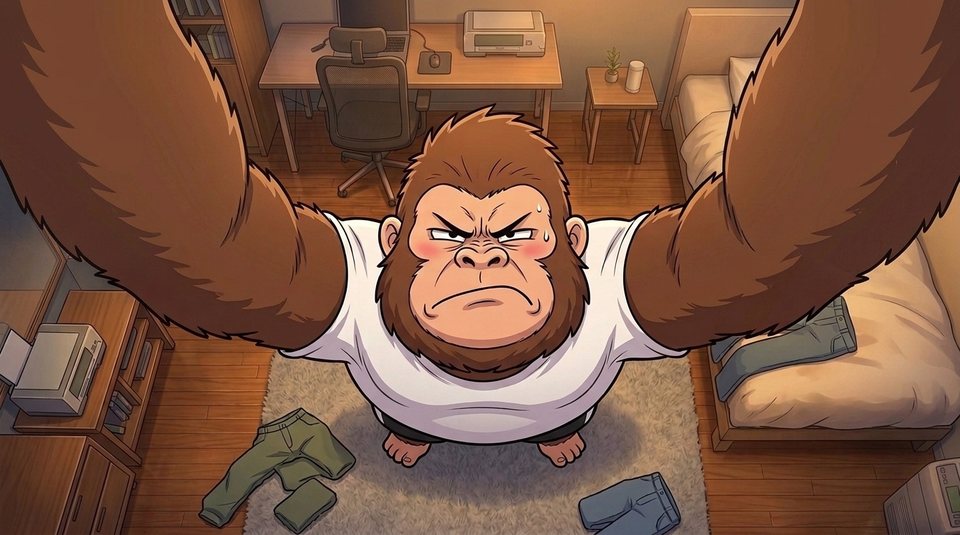 ショート動画「自撮り三十枚」の一枚絵。部屋でスマホを真上に掲げて自撮りする現実ゴリダン