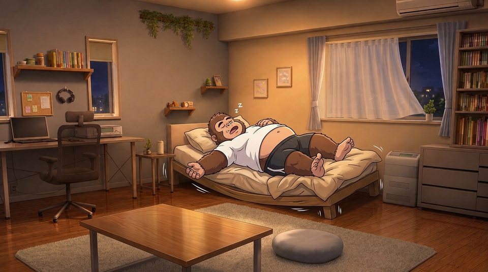 ショート動画「寝返り14ギシ」の一枚絵。夜の部屋で、ベッドが沈むほど大の字に寝ている現実ゴリダン