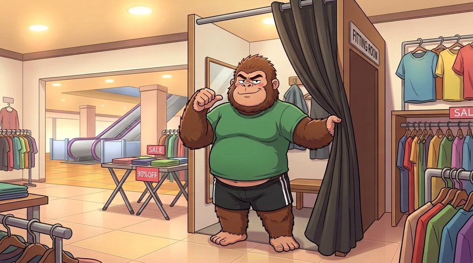 ショート動画「ゆったりめ」の一枚絵。服屋の試着室のカーテンを開けて、ぴったりのTシャツで出てくる現実ゴリダン