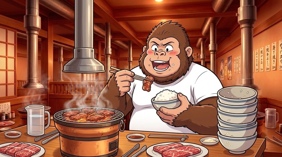ショート動画「食べ放題の作戦会議」の一枚絵。焼肉店で空の茶碗を積み上げてご飯を食べる現実ゴリダン