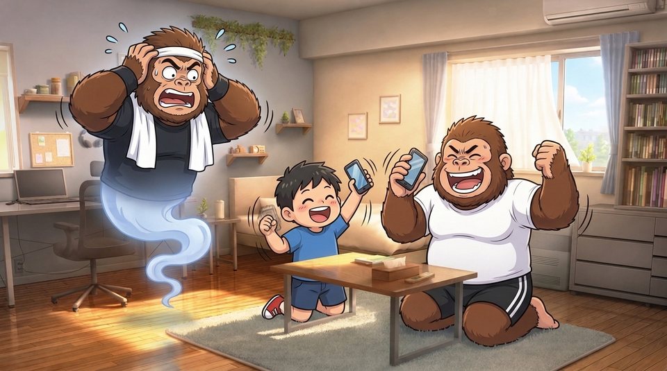 ショート動画「スマホを振る」の一枚絵。部屋で子供と並んで同じ姿勢でスマホを振る現実ゴリダンと、頭を抱える理想ゴリダン