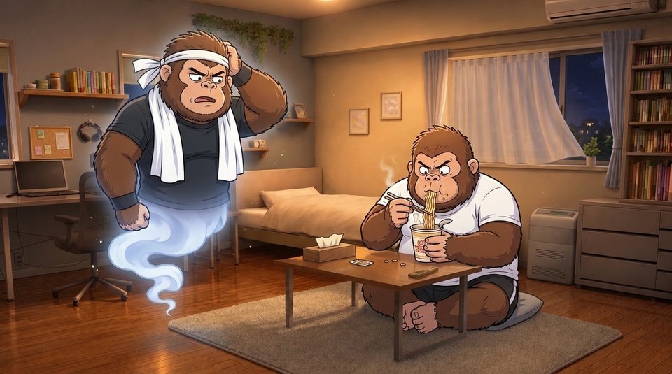 ショート動画「夜食の前借り」の一枚絵。夜の部屋で立ったままカップ麺をすする現実ゴリダンと、腕を組む理想ゴリダン