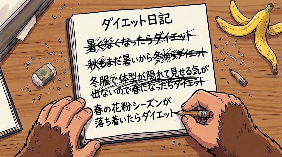 ショート動画「ダイエットは春から」の一枚絵。ダイエット日記に開始日を書いては消している手元