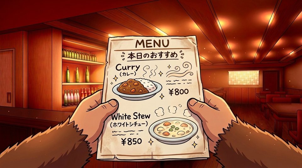ショート動画「白ワイン」の一枚絵。バーのメニュー(カレーとホワイトシチュー)を手に取っている手元