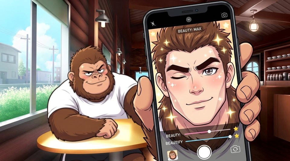 ショート動画「美肌フィルター」の一枚絵。スマホの美肌フィルターで別人のような男前に写った画面を見せる現実ゴリダン