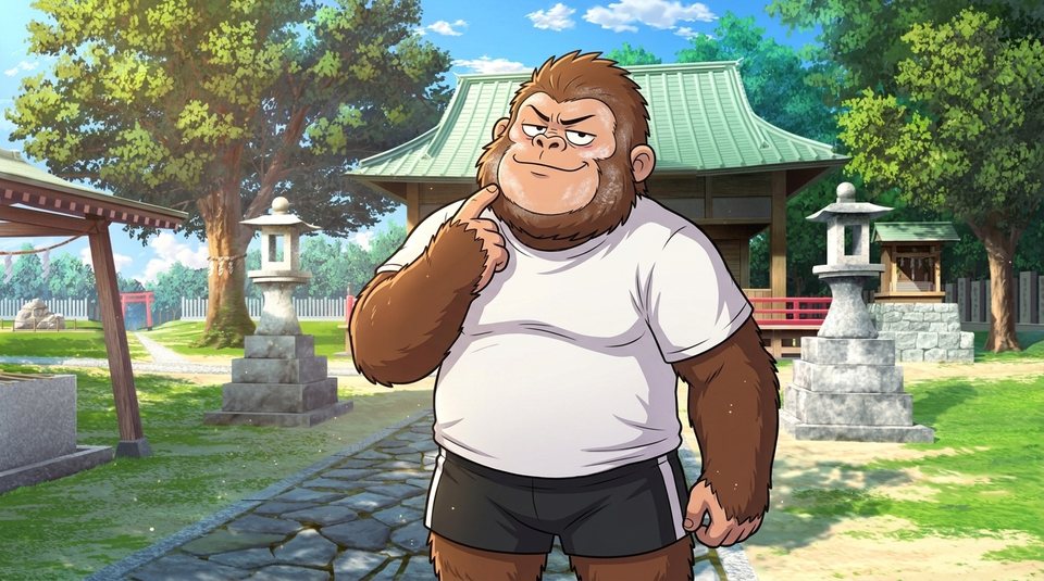 ショート動画「汗はミスト化粧水」の一枚絵。神社の境内で顔の汗を指で触る現実ゴリダン