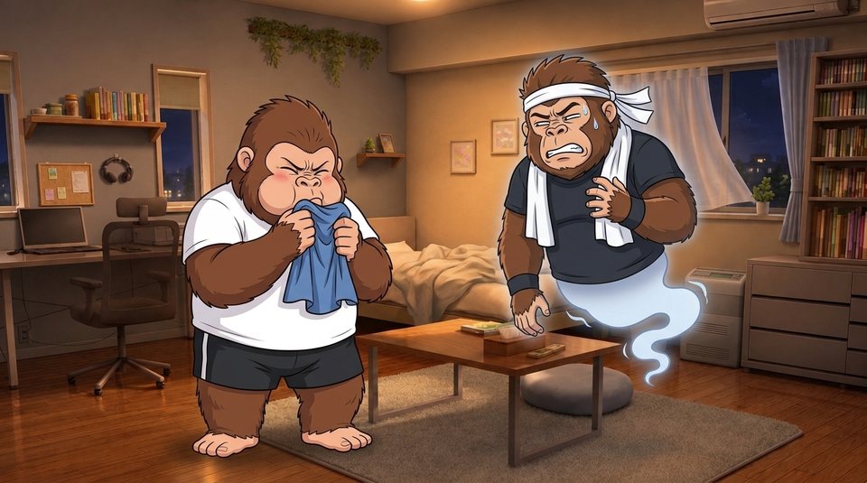 ショート動画「シャツのにおい」の一枚絵。夜の部屋で脱いだシャツをもう一回嗅ぐ現実ゴリダンと、顔をしかめる理想ゴリダン