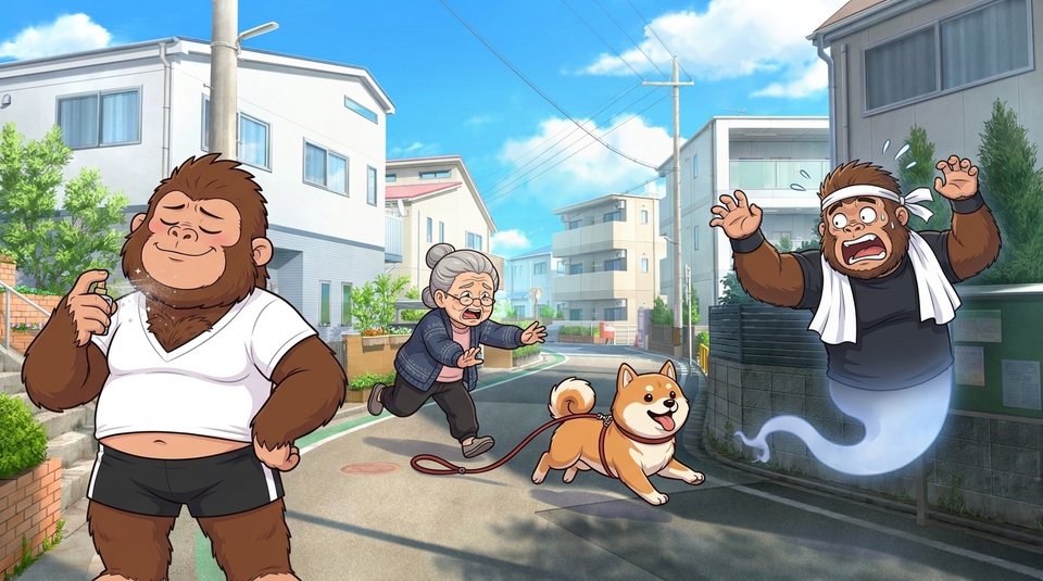 ショート動画「香水7プッシュ」の一枚絵。住宅街で、おばあさんの柴犬が現実ゴリダンを素通りして理想ゴリダンのほうへ走っていく
