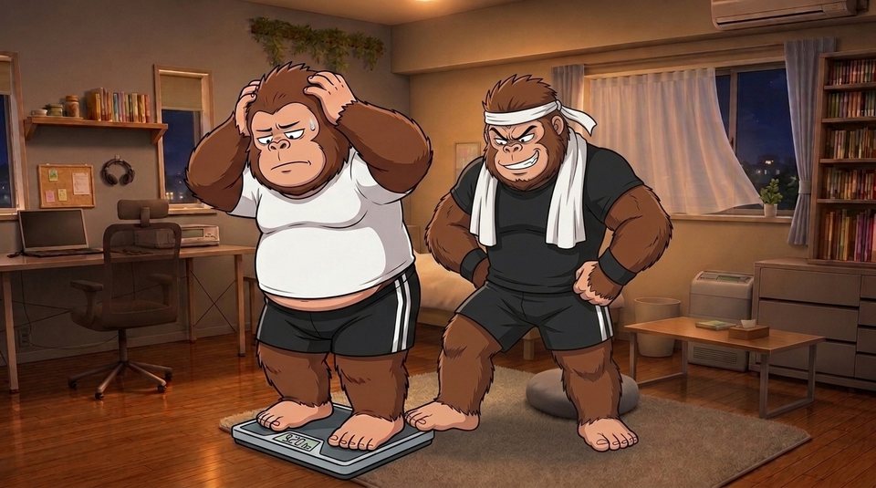 ショート動画「体重計の幽霊」の一枚絵。体重計に乗って頭を抱える現実ゴリダンと、後ろでにやりと笑う理想ゴリダン