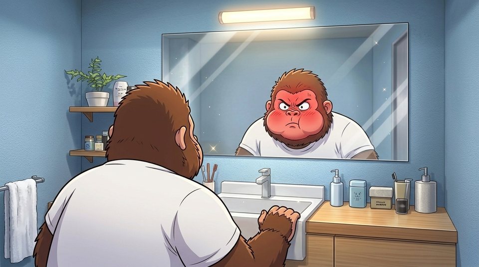 ショート動画「お腹を引っ込める12秒」の一枚絵。洗面所の鏡に映る、顔が真っ赤になるまで息を止めている現実ゴリダン