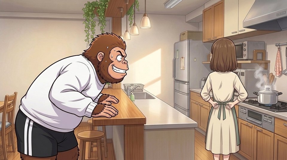 ショート動画「歯みがき粉3日目」の一枚絵。キッチンに立つママの背中に向かって、カウンター越しに歯を見せてにーっと笑う現実ゴリダン