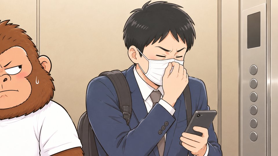 ショート動画「隣の人が鼻すすった」の一枚絵。エレベーターの中で、マスクの会社員が鼻を押さえるのを横目でうかがう現実ゴリダン