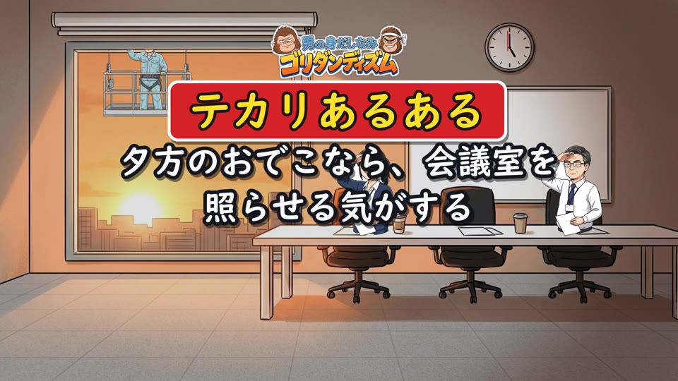 ショート動画「西日の会議室」の題名の画面。西日が差しこむ会議室で、同僚2人がまぶしそうに手をかざしている