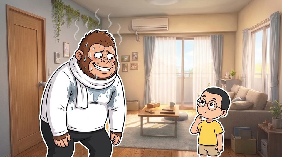 ショート動画「真夏の長袖」の一枚絵。夏のリビングで、長袖長ズボンに首タオルで汗だくの現実ゴリダンを、半袖の男の子が不思議そうに見上げている